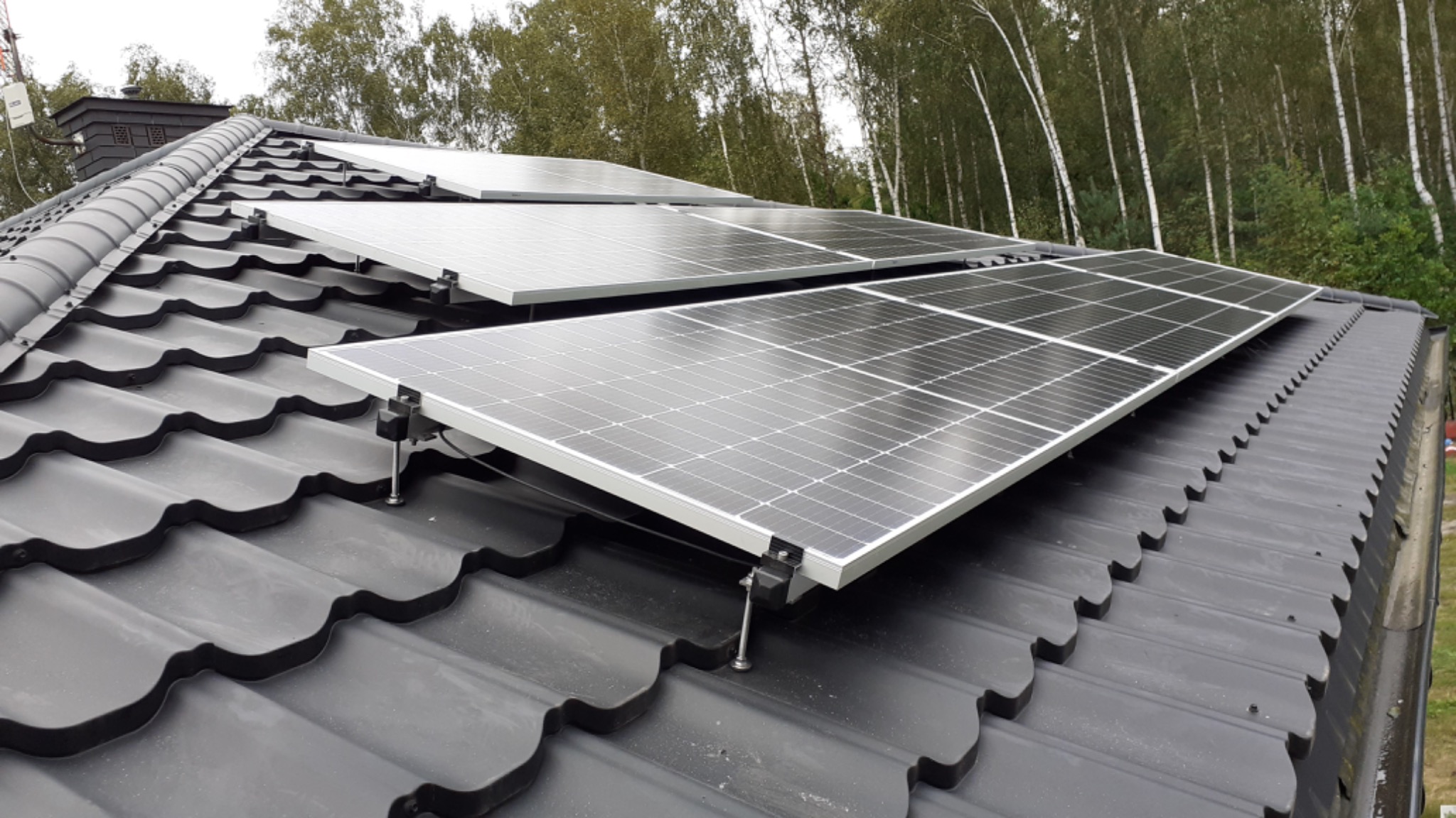 Panele słoneczne zamontowane na ciemnoszarym, falistym dachu z metalowej blachy, z widocznym lasem w tle.