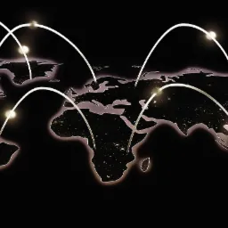 Stylizowana mapa świata z zaznaczonymi połączeniami sieciowymi, sugerująca globalny zasięg usług internetowych firmy z Gdańska.