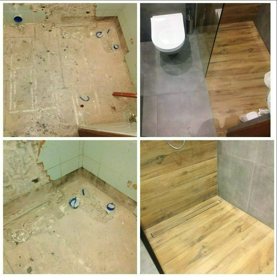 Mozaika zdjęć przedstawia łazienkę w trakcie remontu: widoczne etapy skuwania starych płytek, przygotowania podłoża oraz fragment wykończonej podłogi z odpływem liniowym i toaletą.