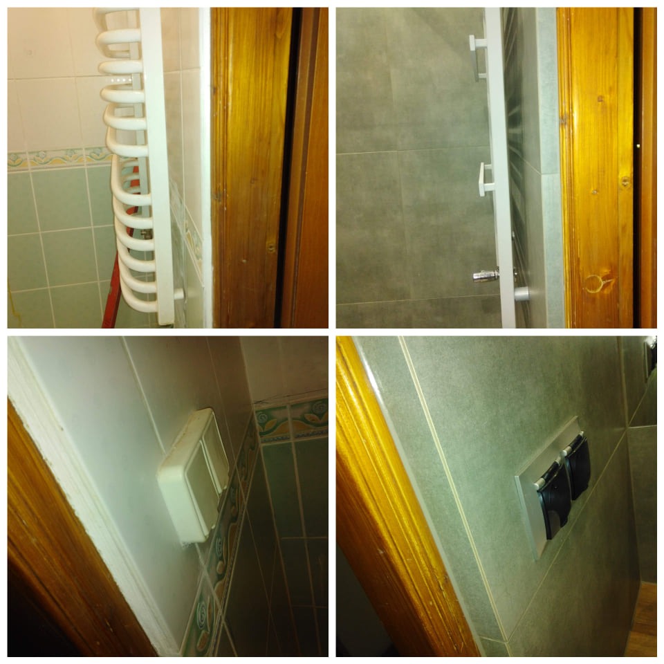 Cztery kadry z remontowanej łazienki: grzejnik drabinkowy, drzwi z drewnianą ościeżnicą, włącznik światła i gniazdka elektryczne w szarej płytce.