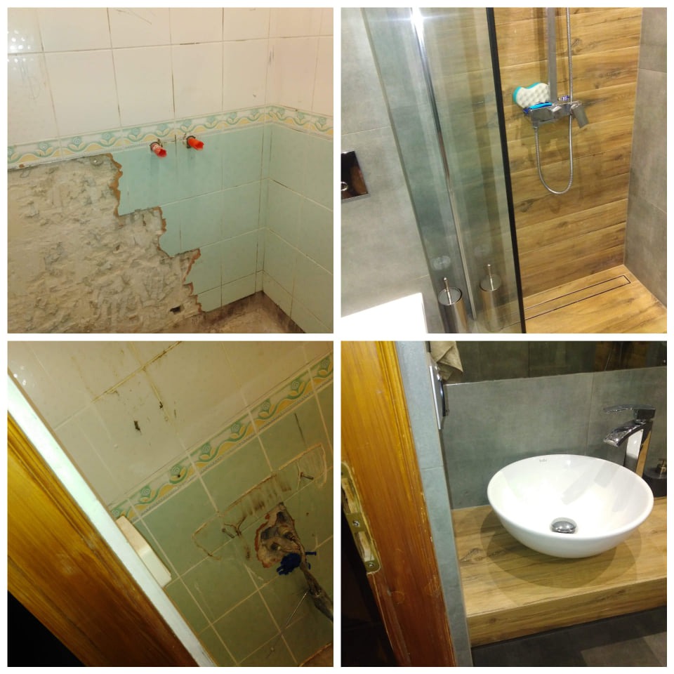 Mozaika zdjęć przedstawiająca etapy odnawiania łazienki: usunięte płytki z fragmentami ściany, nowoczesny prysznic z drewnopodobnymi panelami, niedokończona ściana z resztkami kleju i nowa umywalka...