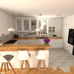 Agmima design sp. z o.o. - Wizualizacja jasnej kuchni z drewnianym blatem barowym, białymi szafkami i czarnym sprzętem AGD. Na blacie stoi wazon z fioletowymi tulipanami, a obok znajduje się dekoracyjna misa z makaronikami.