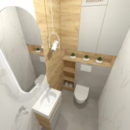 Wizualizacja małej łazienki z umywalką na szafce z drewnianym frontem, toaletą, lustrem z podświetleniem LED, drewnianymi półkami i szarymi płytkami. Na półkach dekoracyjne roślinki w białych...