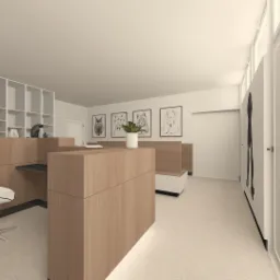 Wizualizacja wnętrza biura z drewnianą ladą recepcyjną, białym krzesłem, regałem i grafikami zwierząt na ścianie.