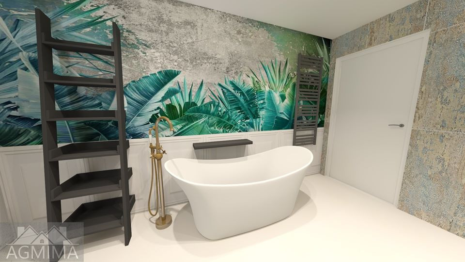 Wizualizacja łazienki w Rzeszowie z wolnostojącą białą wanną, baterią w stylu retro, drabinką na ręczniki i ścianą z motywem tropikalnych liści.