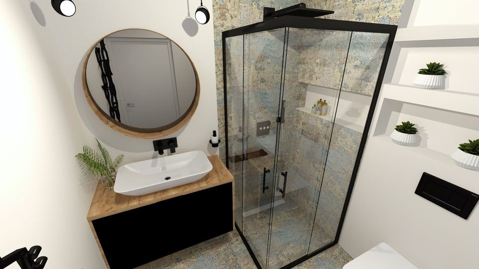Wizualizacja łazienki z kabiną prysznicową w czarnej ramie, okrągłym lustrem z drewnianą obwódką nad umywalką nablatową na szafce z drewnianym blatem i rośliną w szklanym wazonie, oraz półkami...