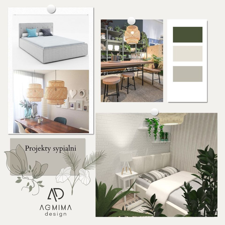 Moodboard z wizualizacjami sypialni: łóżko z szarą ramą i niebieską poduszką, jadalnia z drewnianym stołem i lampami z rattanu, paleta kolorów w odcieniach zieleni i beżu, sypialnia z białej cegły...