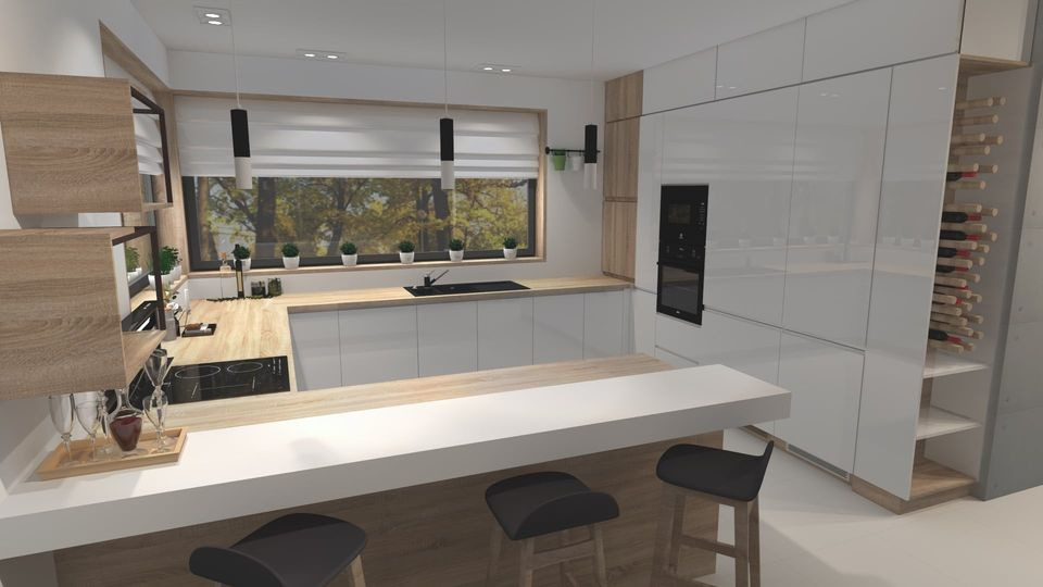 Wizualizacja nowoczesnej kuchni z białymi frontami szafek, drewnianymi blatami, czarnymi lampami wiszącymi, oknem z widokiem na drzewa, barkiem z trzema hokerami i wbudowaną półką na wino.
