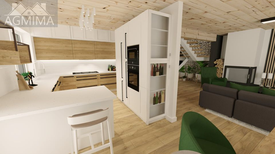 Wizualizacja przestronnego, jasnego wnętrza z drewnianym wykończeniem, łączącego kuchnię z salonem. Biała zabudowa kuchenna z drewnianymi frontami, wyspa z hokerem, salon z szarą sofą i zielonymi...