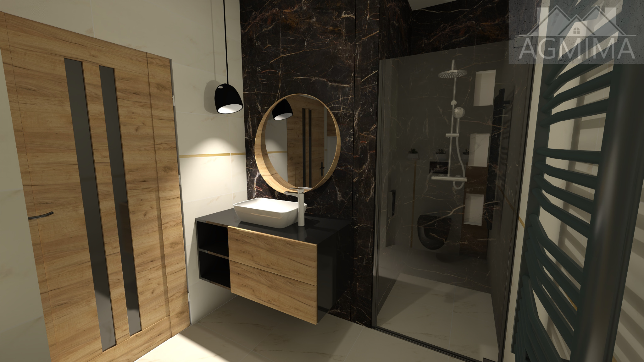 Wizualizacja łazienki z umywalką nablatową na szafce z drewnianymi frontami, okrągłym lustrem w złotej ramie, kabiną prysznicową z deszczownicą i grzejnikiem drabinkowym w kolorze grafitowym.