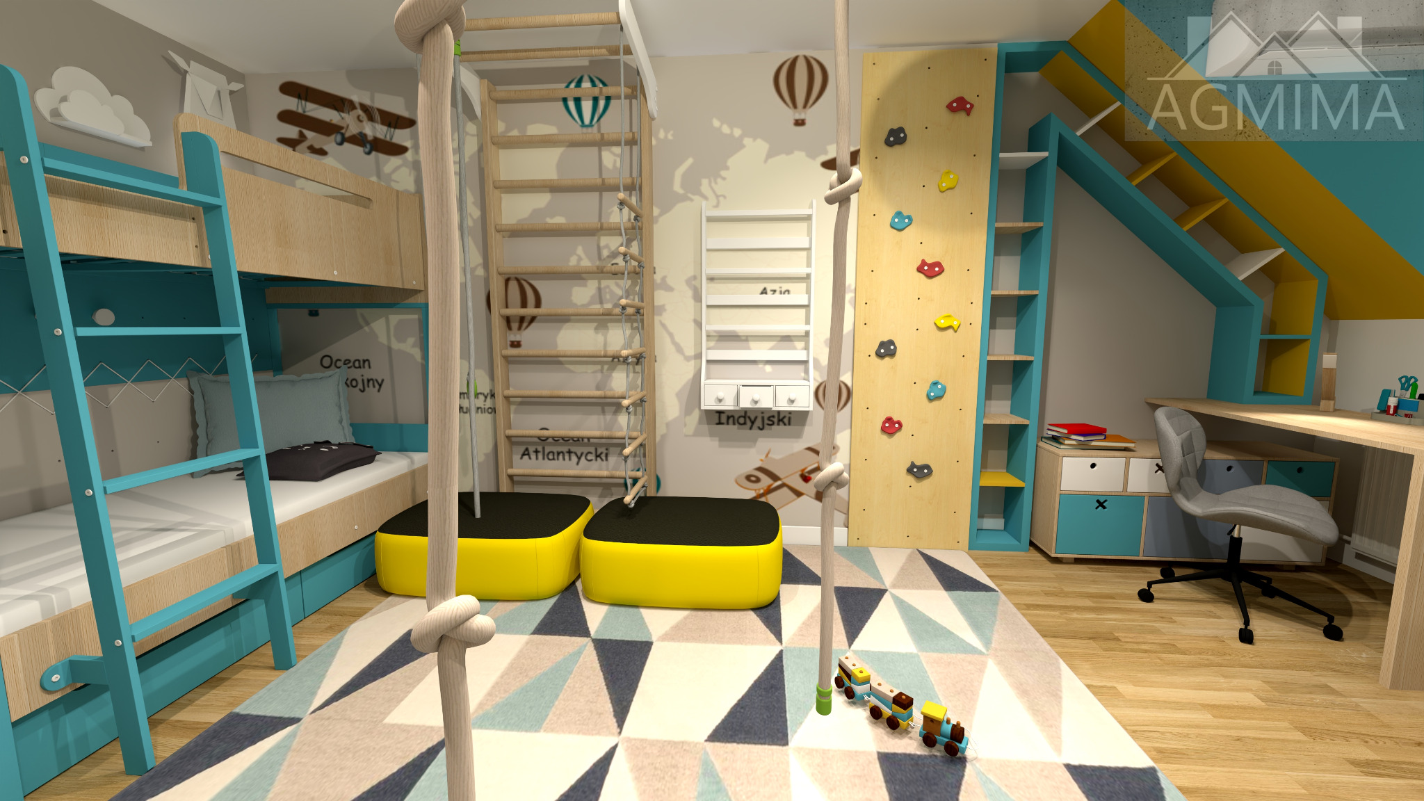 Pokój dziecięcy z łóżkiem piętrowym, ścianką wspinaczkową, biurkiem i tapetą z mapą świata, utrzymany w jasnej kolorystyce z akcentami turkusu i żółci.