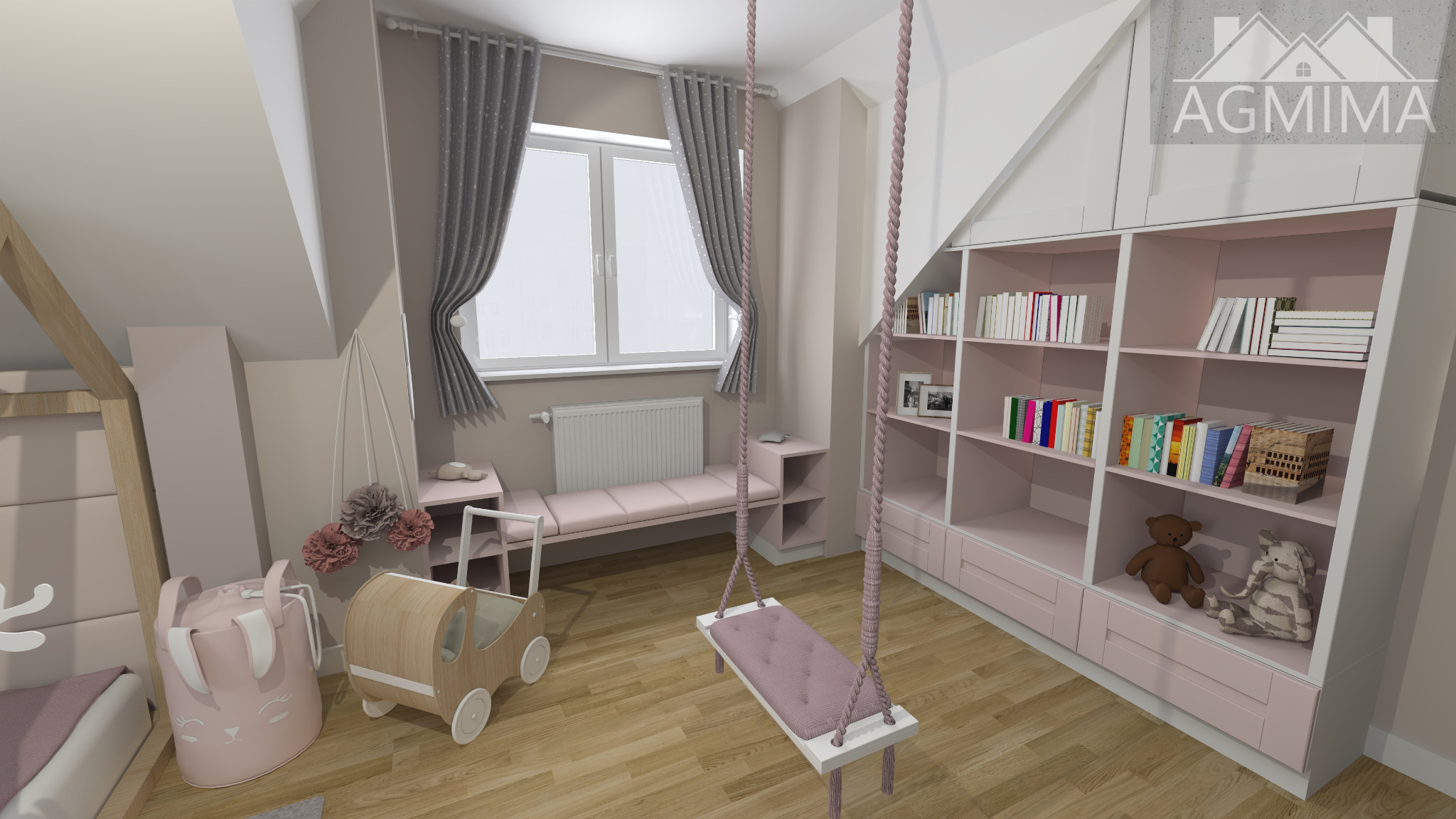Wizualizacja pokoju dziecięcego z drewnianą podłogą, różowymi akcentami, huśtawką na linie, regałem z książkami i zabawkami, oraz oknem z szarymi zasłonami.