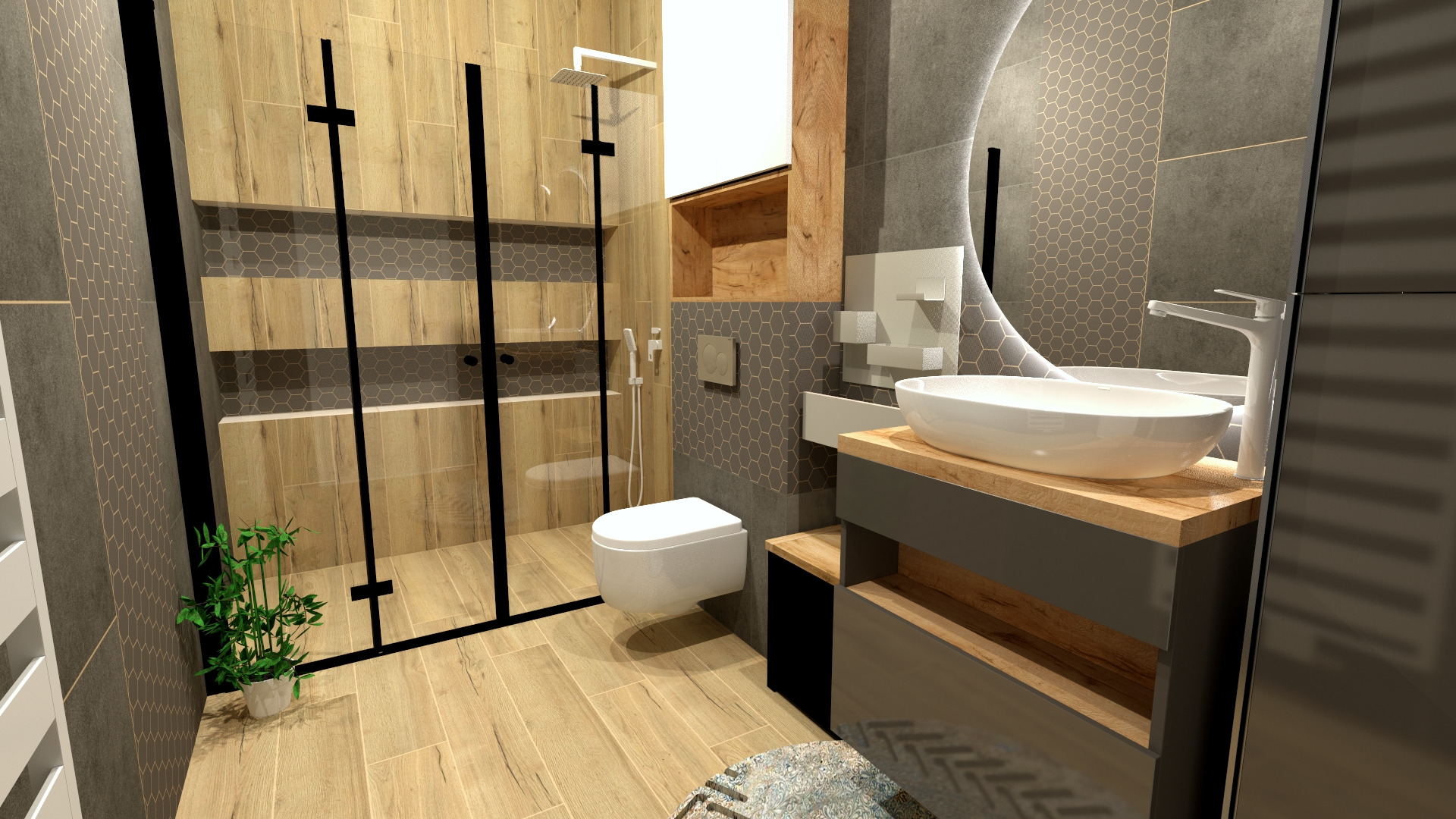 Wizualizacja nowoczesnej łazienki z drewnopodobnymi płytkami, kabiną prysznicową typu walk-in z czarnymi profilami, owalną umywalką nablatową z podświetlanym lustrem oraz wiszącą toaletą.