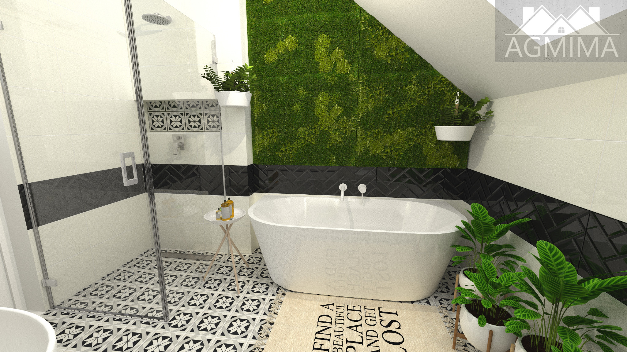 Wizualizacja łazienki na poddaszu z białą wanną wolnostojącą, ścianą z mchu, czarno-białymi płytkami podłogowymi we wzory i roślinami doniczkowymi.