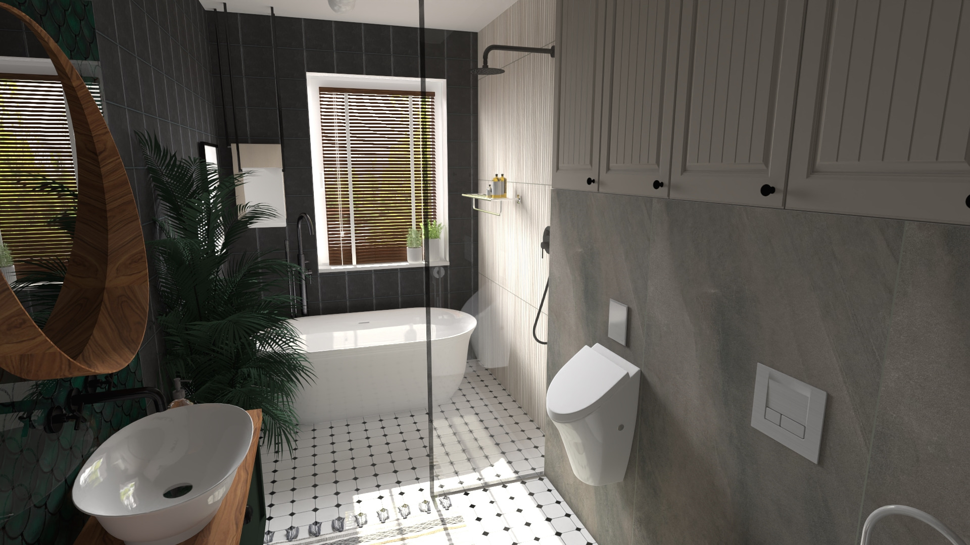 Nowoczesna łazienka z wolnostojącą wanną, wiszącą toaletą i umywalką na drewnianym blacie, podkreślona roślinnością i czarno-białą mozaiką podłogową.
