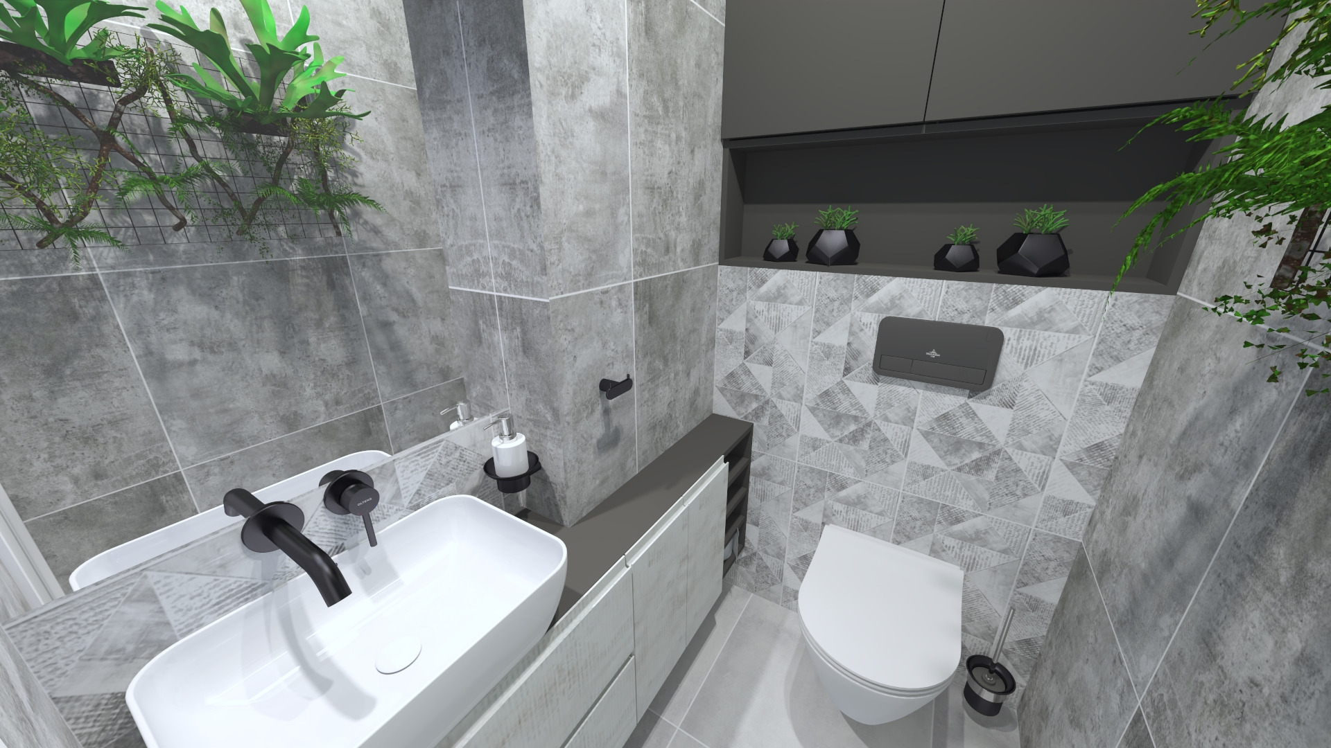Nowoczesna łazienka z szarymi płytkami imitującymi beton, białą umywalką nablatową z czarną armaturą, wiszącą toaletą i zielonymi roślinami wiszącymi oraz w doniczkach.