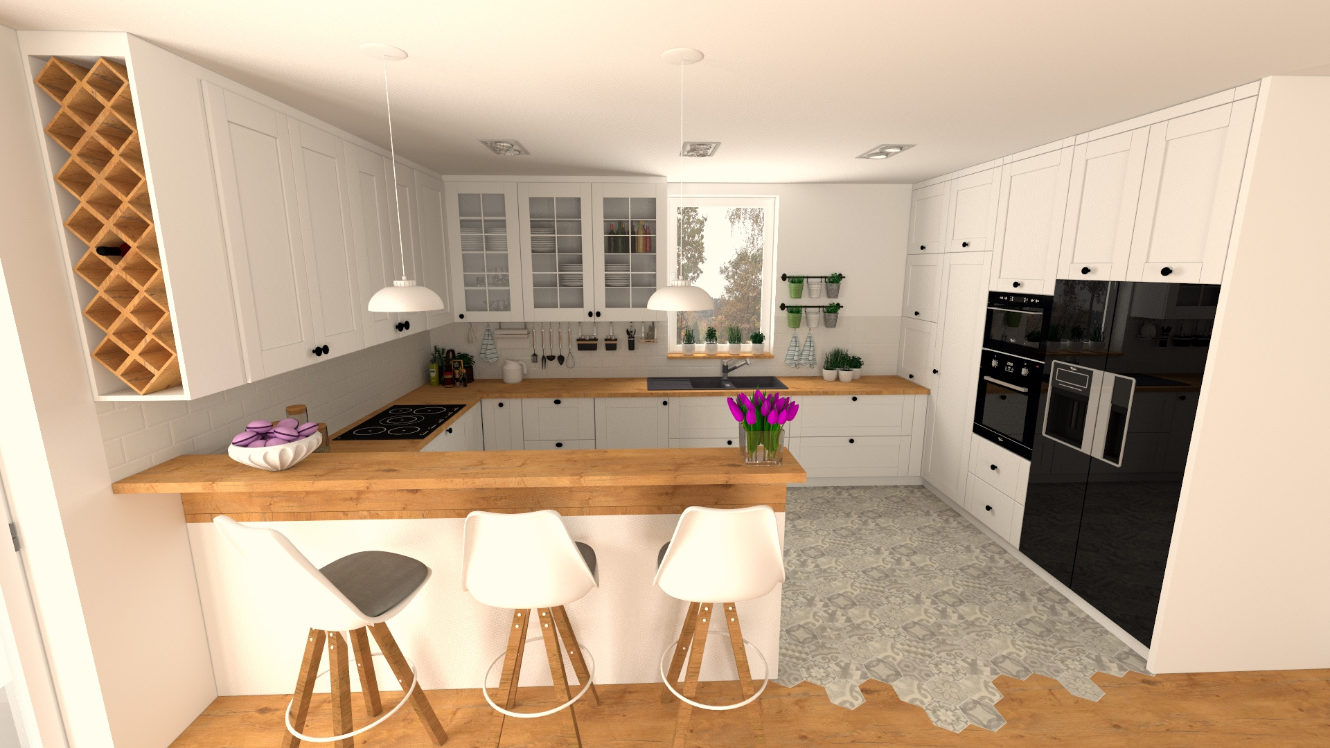 Wizualizacja jasnej kuchni z drewnianym blatem barowym, białymi szafkami i czarnym sprzętem AGD. Na blacie stoi wazon z fioletowymi tulipanami, a obok znajduje się dekoracyjna misa z makaronikami.