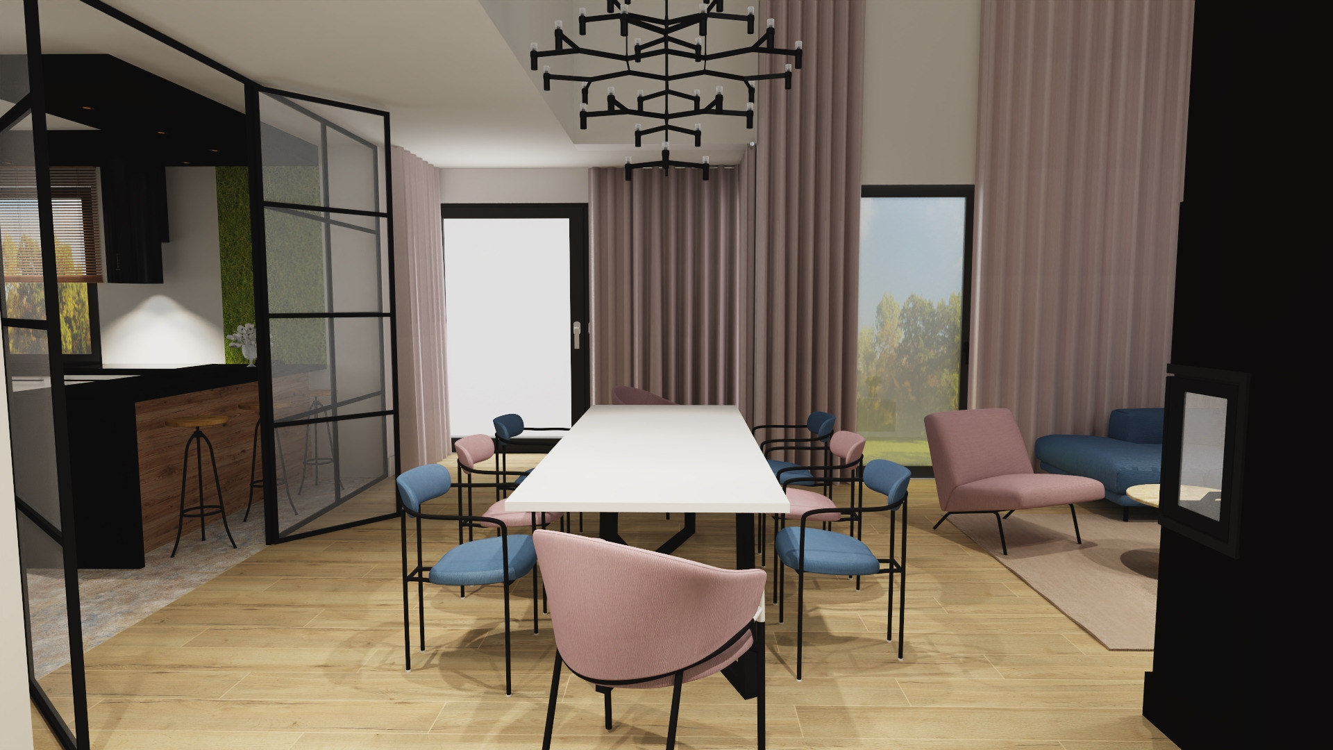Wizualizacja przestronnej jadalni z długim białym stołem otoczonym przez krzesła w odcieniach błękitu i pudrowego różu, oświetlonej nowoczesną, geometryczną lampą wiszącą na tle zasłon w kolorze...