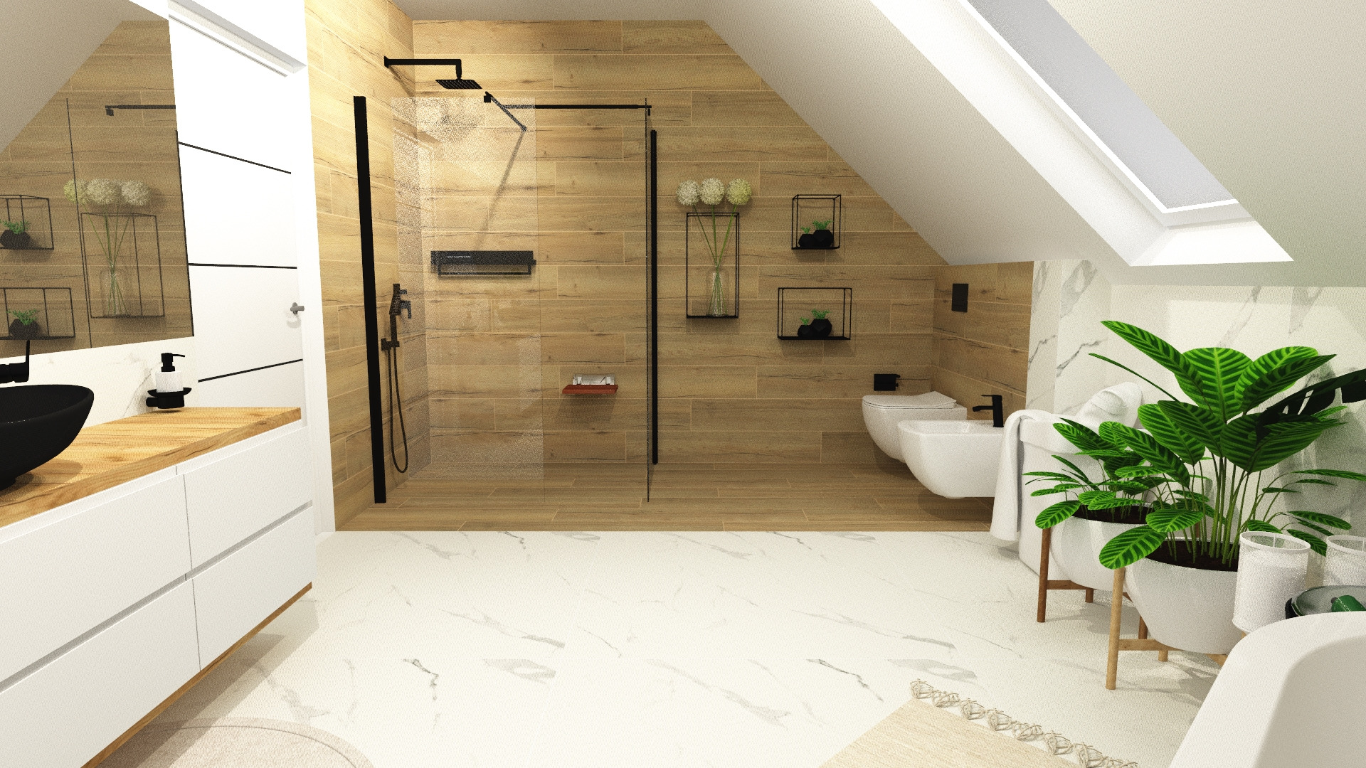 Wizualizacja łazienki na poddaszu z drewnopodobnymi płytkami, kabiną prysznicową typu walk-in z czarnymi elementami, umywalką nablatową w kolorze czarnym oraz białymi meblami i marmurową ścianą.