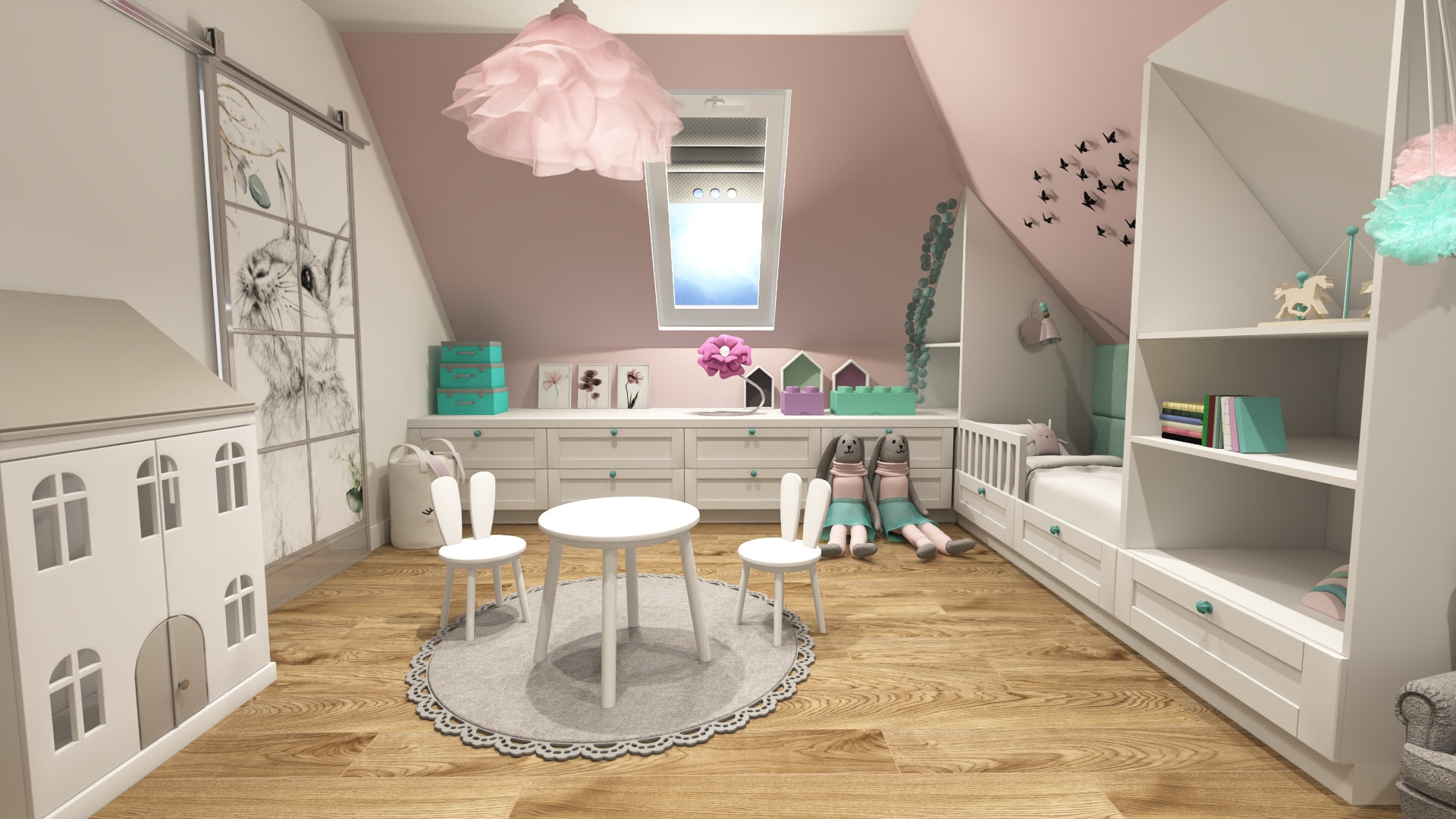 Pokój dziecięcy na poddaszu z białymi meblami, okrągłym stolikiem i krzesłami z oparciami w kształcie króliczych uszu, ozdobiony grafiką z motywem królika na przesuwanych drzwiach i różowymi...