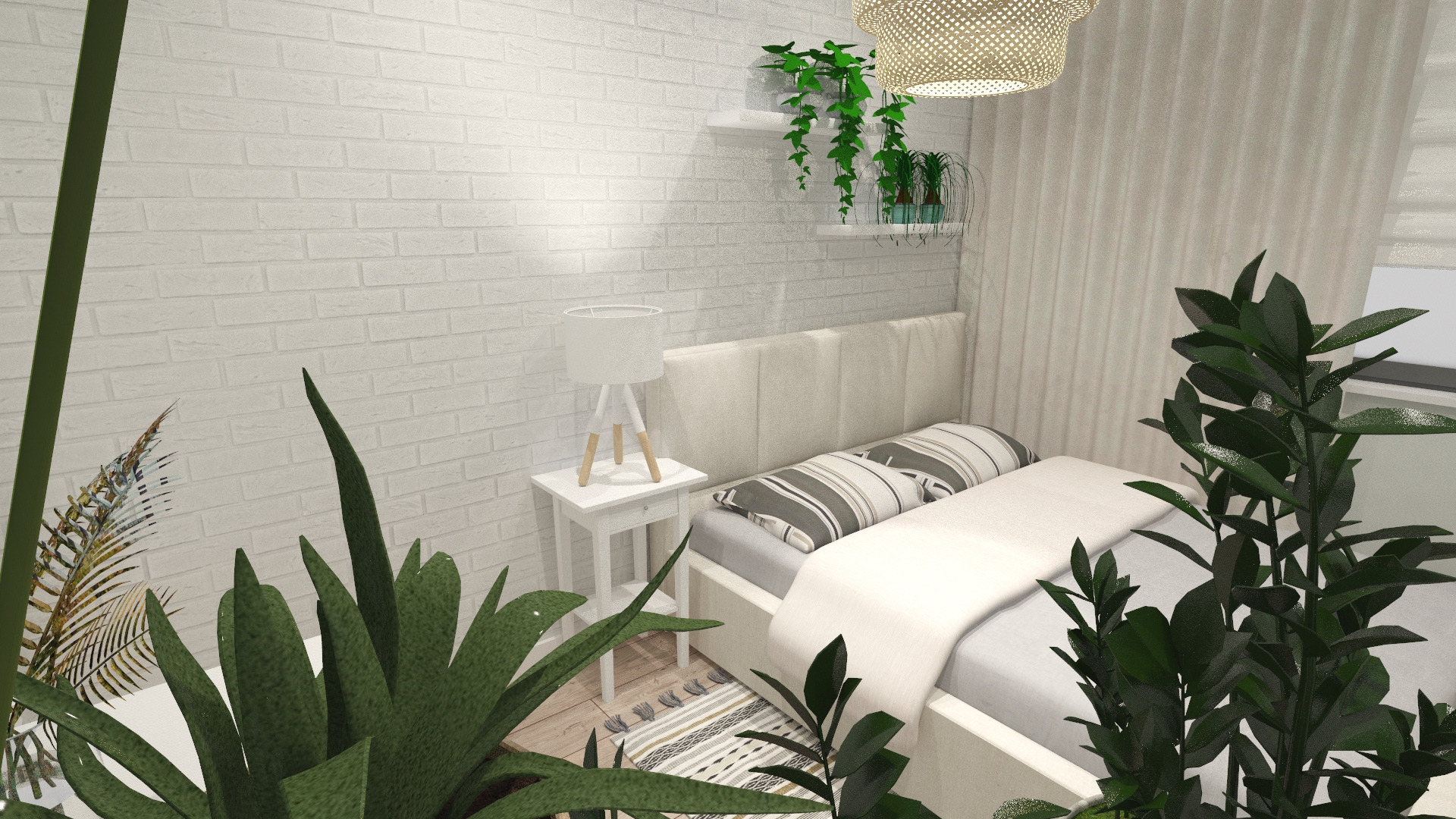 Jasna sypialnia z ceglaną ścianą, roślinami doniczkowymi na półkach i w donicach, lampką nocną na stoliku i łóżkiem z szaro-białą pościelą, oświetlona plecioną lampą.