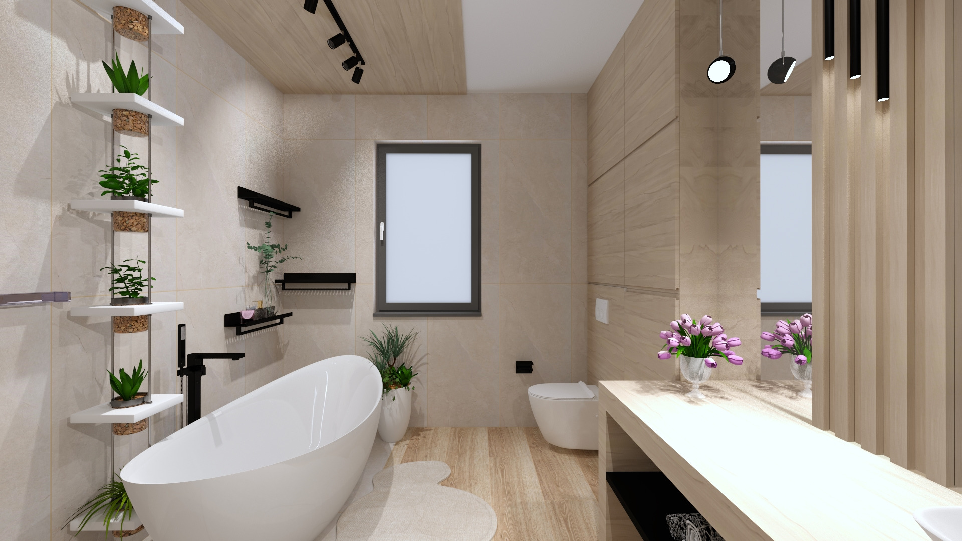 Wizualizacja łazienki w beżowych tonacjach z wolnostojącą białą wanną, wiszącą armaturą, drewnianą podłogą i dekoracyjnymi roślinami na półkach oraz bukietem tulipanów na blacie.