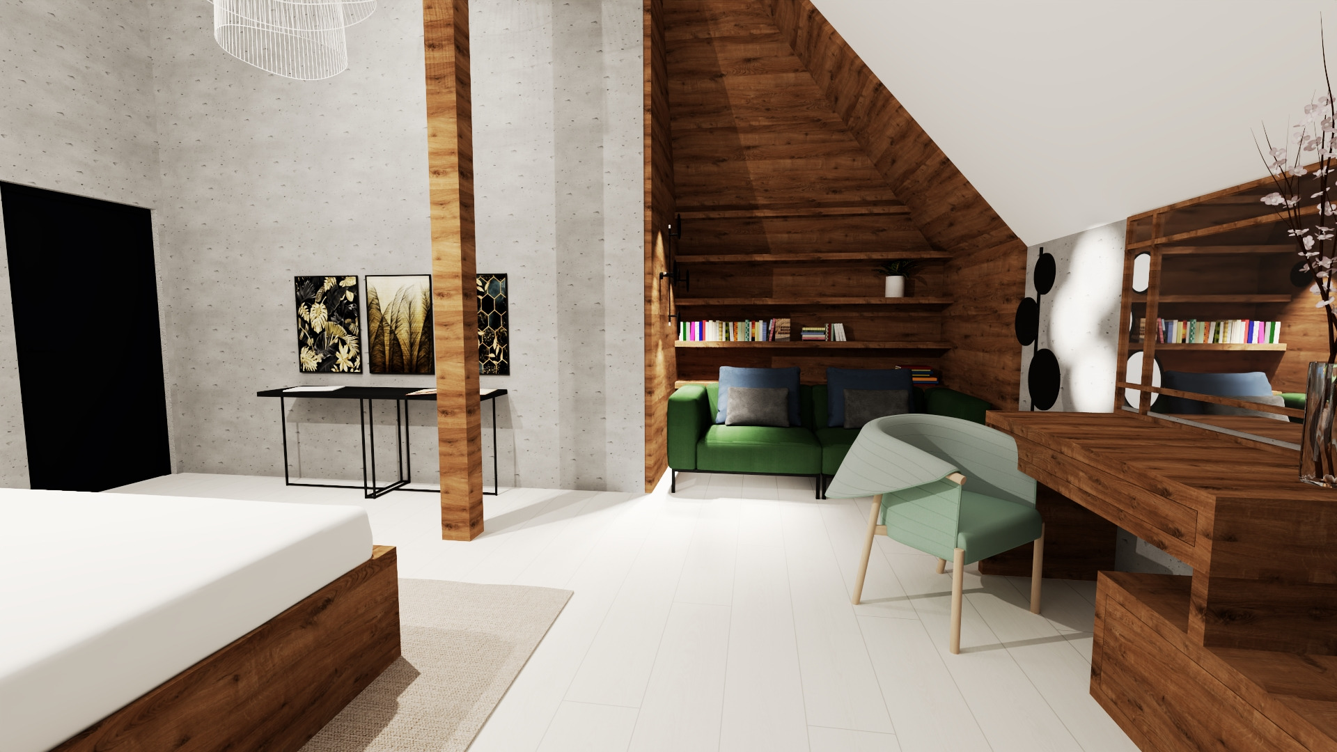 Wizualizacja sypialni z drewnianymi elementami konstrukcyjnymi, zieloną sofą i biurkiem z drewna. Na ścianie wiszą czarno-złote obrazy.