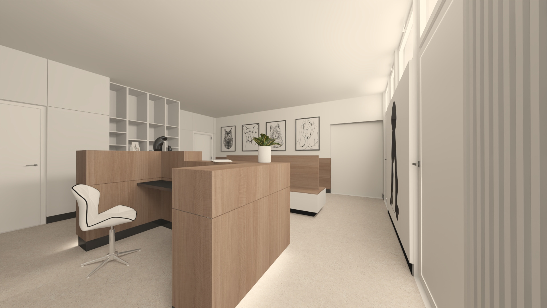 Wizualizacja wnętrza biura z drewnianą ladą recepcyjną, białym krzesłem, regałem i grafikami zwierząt na ścianie.