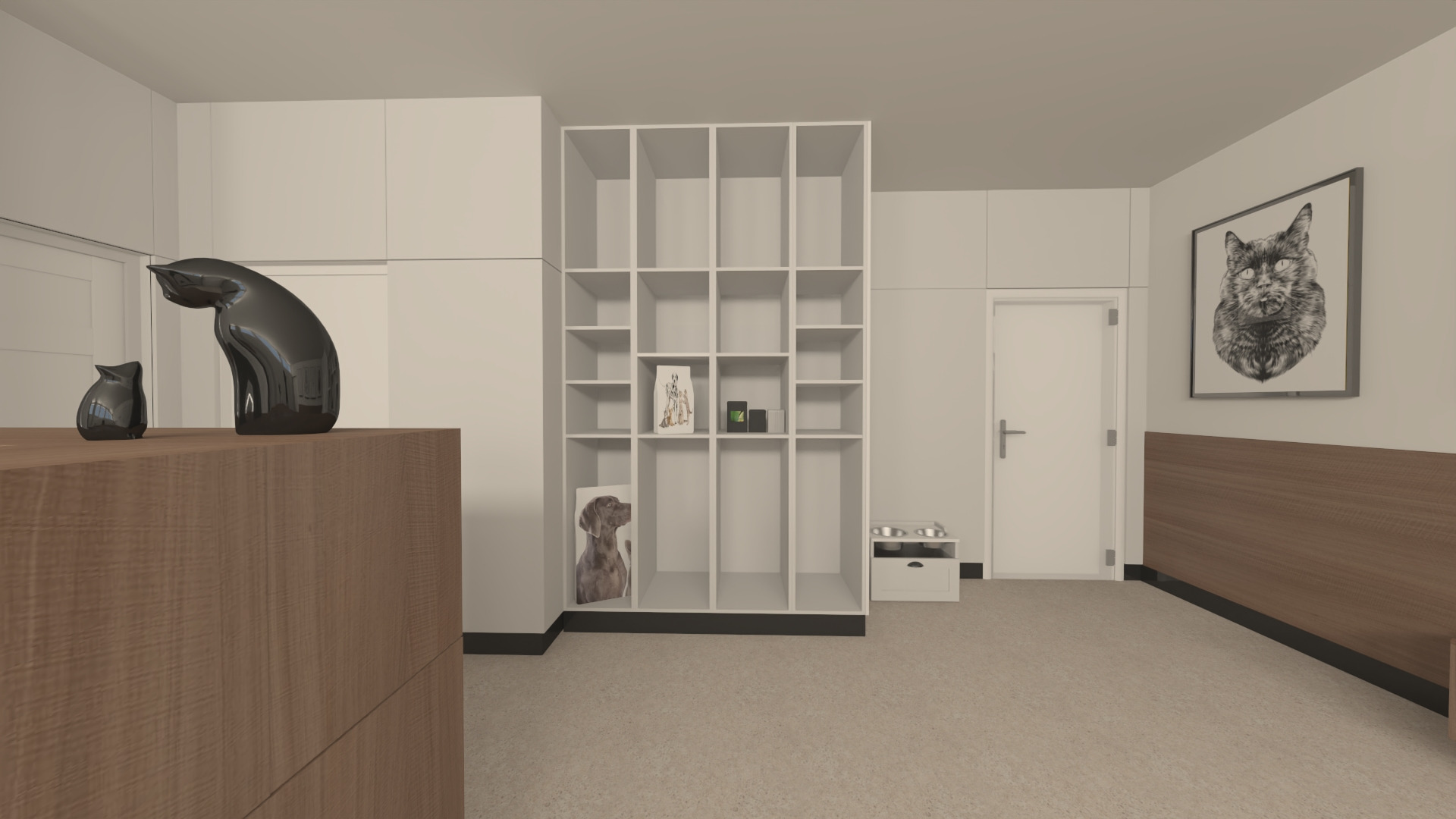 Wizualizacja wnętrza z białymi ścianami, drewnianą zabudową, regałem z dekoracjami i obrazem kota na ścianie.