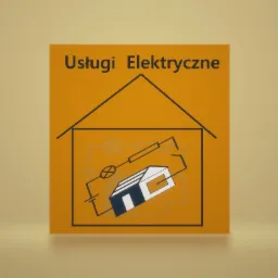 Żółta tabliczka z napisem 'Usługi Elektryczne' i schematycznym rysunkiem domu w obwodzie elektrycznym na beżowym tle.