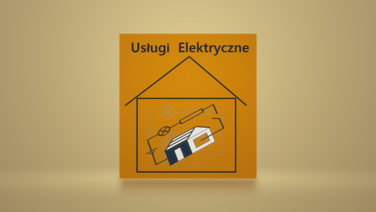 Żółta tabliczka z napisem 'Usługi Elektryczne' i schematycznym rysunkiem domu w obwodzie elektrycznym na beżowym tle.
