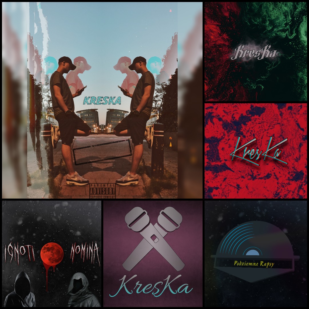 Kompozycja okładek albumów muzycznych z różnymi motywami graficznymi, w tym miejski kolaż z postacią, abstrakcyjne tła, mikrofony i stylizowany winyl, wszystkie sygnowane nazwą 'Kreska'.