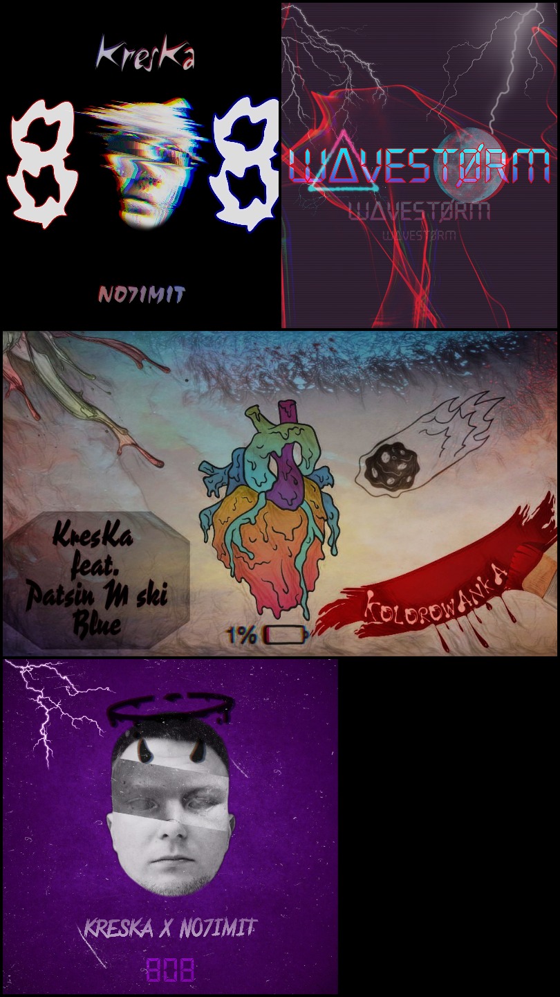 Kompozycja czterech okładek albumów muzycznych od Kreska i No7imit, WaveStorm, Kolorowanka, prezentowana przez firmę z Miastka.