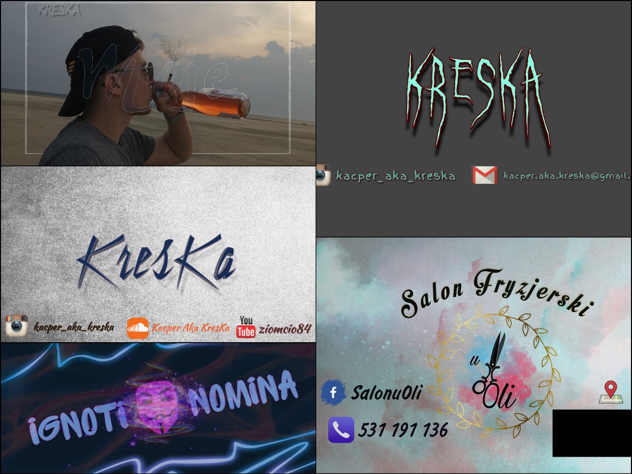 Kompozycja czterech grafik: mężczyzna pijący napój na plaży z napisem 'Kreska', dwa logotypy 'Kreska' w różnych stylach z informacjami kontaktowymi, oraz logo salonu fryzjerskiego 'Salon u Oli'...