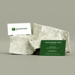 Dwie wizytówki firmy Greenea, jedna biała z logo, druga ciemnozielona z danymi kontaktowymi Aleksandra Golisa, prezesa firmy, umieszczone na szarym, surowym kamieniu na jednolitym, szarym tle.