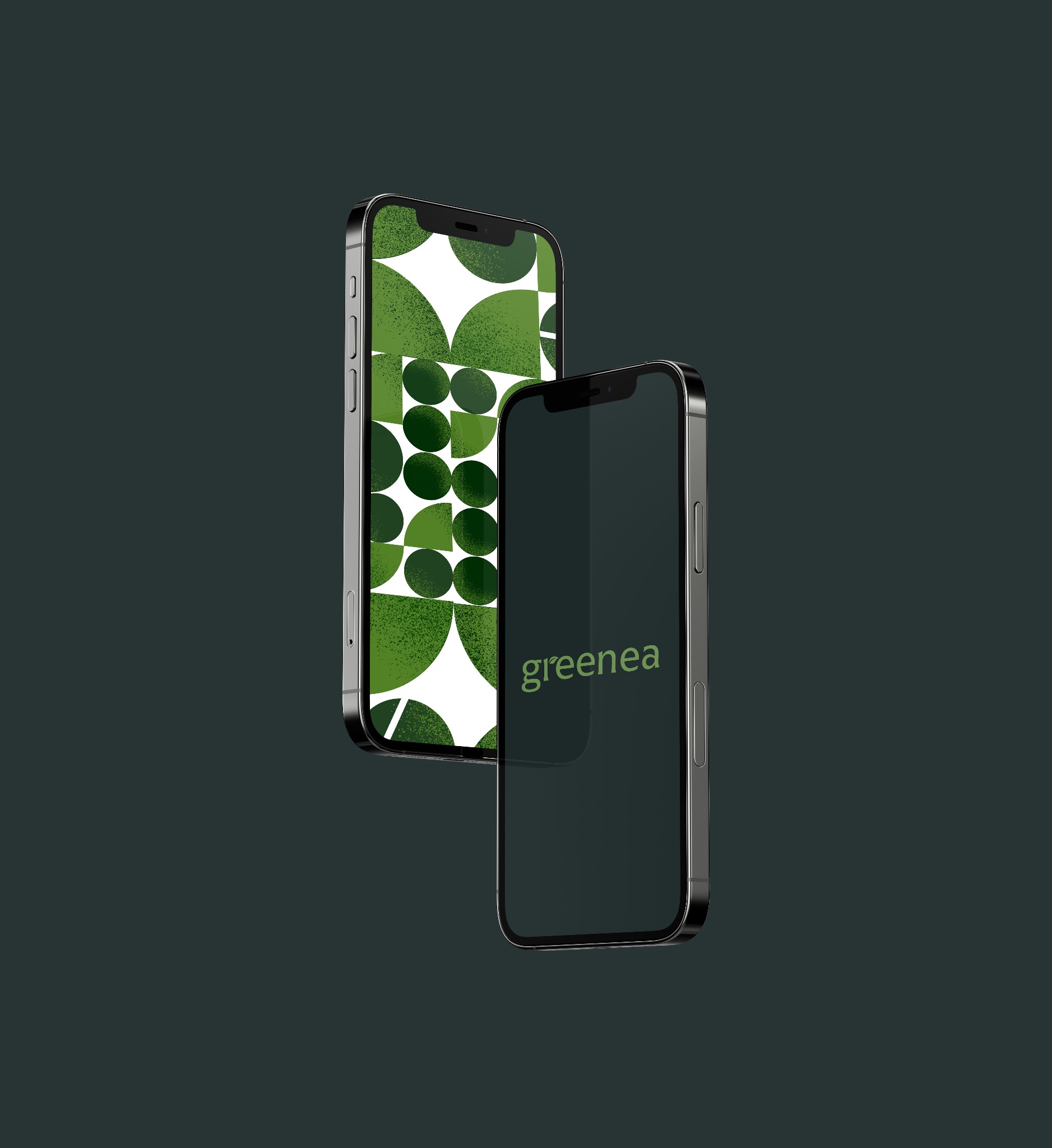 Dwa smartfony: jeden z zielonym, geometrycznym wzorem na ekranie, drugi z logo 'greenea' na ciemnym tle, oba na ciemnozielonym tle.