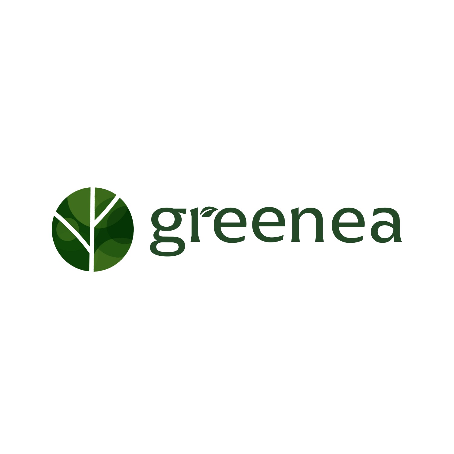 Logo firmy Greenea z zielonym okręgiem podzielonym na segmenty liści i napisem 'greenea' z małym listkiem nad literą 'e'.
