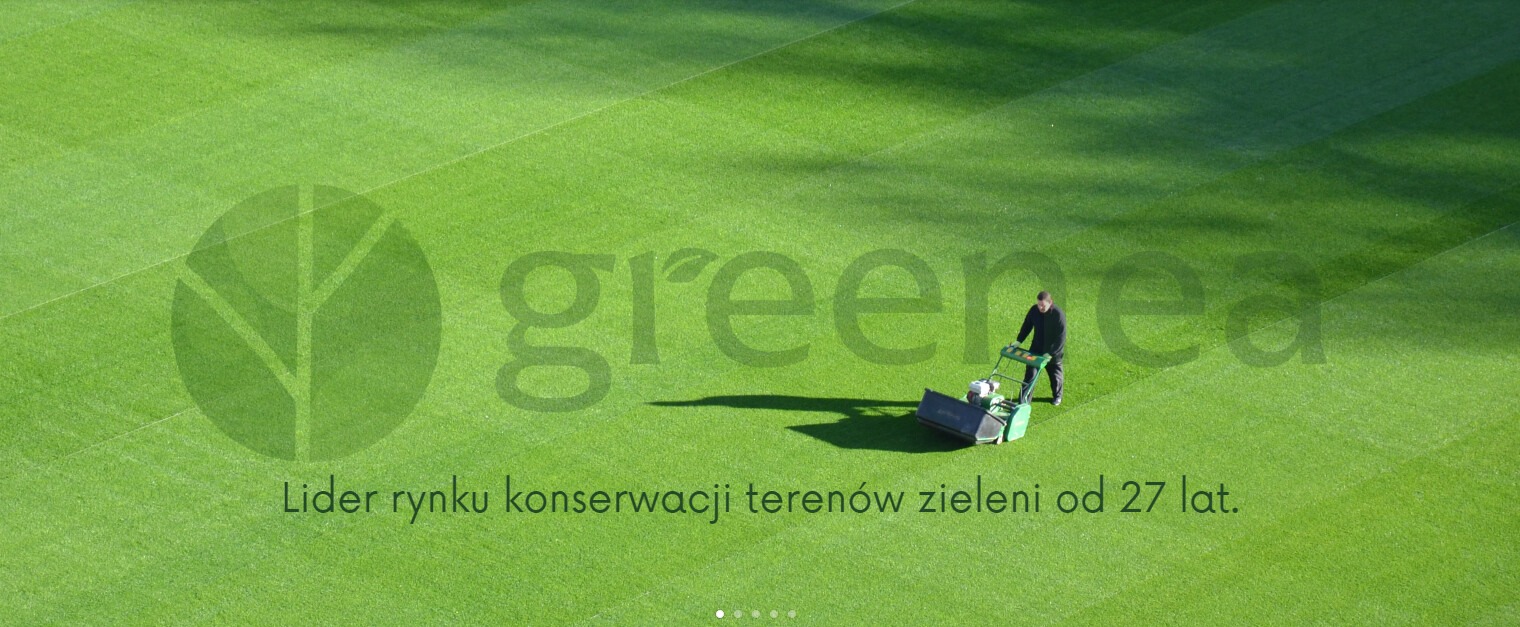 Mężczyzna w Zabrzu kosi trawę profesjonalną kosiarką na dużym, idealnie równym trawniku z widocznymi pasami po koszeniu. Na trawniku widoczne logo firmy.