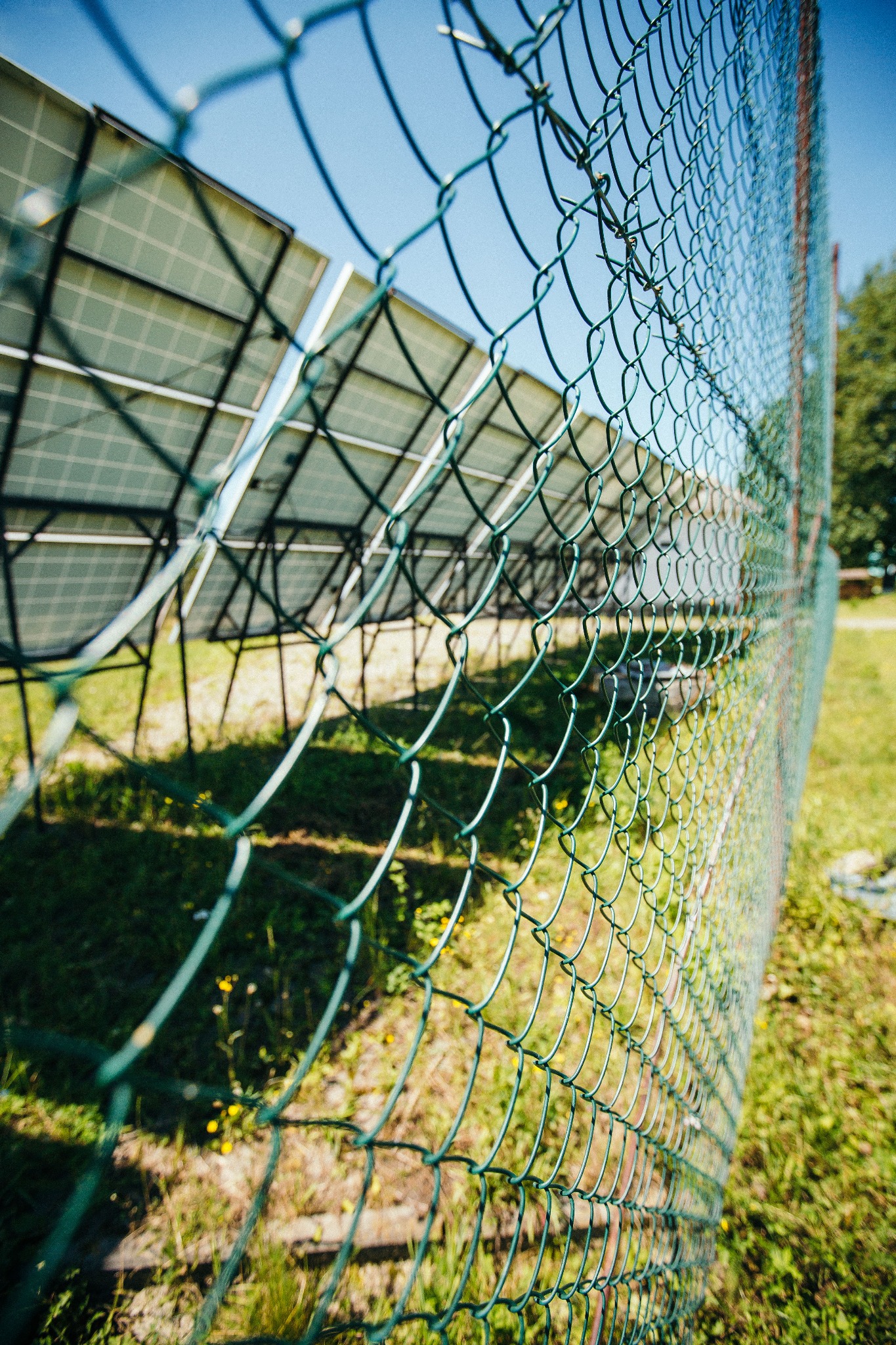Zielona siatka ogrodzeniowa zabezpieczająca panele słoneczne na trawiastym terenie, widok z dołu pod kątem.