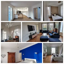 Kolaż przedstawiający różne pomieszczenia w domu po remoncie: kuchnia z wyspą, salon z niebieską sofą i telewizorem, sypialnia z niebieską ścianą oraz sypialnia z kotami na łóżku, wszystkie...