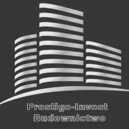 Logo firmy budowlanej Prestige-Invest Budownictwo z trzema stylizowanymi budynkami o zaokrąglonych kształtach i poziomych pasach na ciemnoszarym tle.