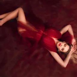 Kobieta leżąca na bordowym tle, owinięta w tiul, z mocnym makijażem ust i zamkniętymi oczami, ujęcie z góry.