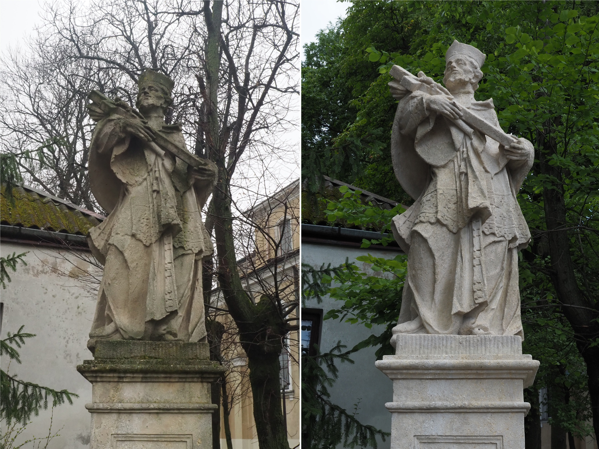 Dwie wersje zdjęcia kamiennej figury świętego trzymającego krzyż, po lewej na tle budynku i drzewa bez liści, po prawej na tle zieleni.