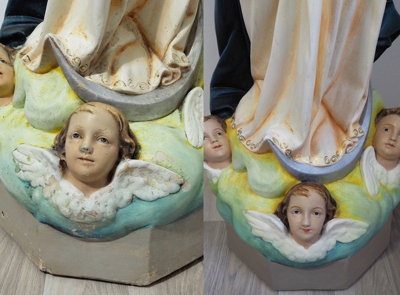 Porównanie stanu przed i po renowacji figury religijnej: po lewej widoczne odpryski farby i uszkodzenia, po prawej odnowiona powierzchnia z żywymi kolorami.