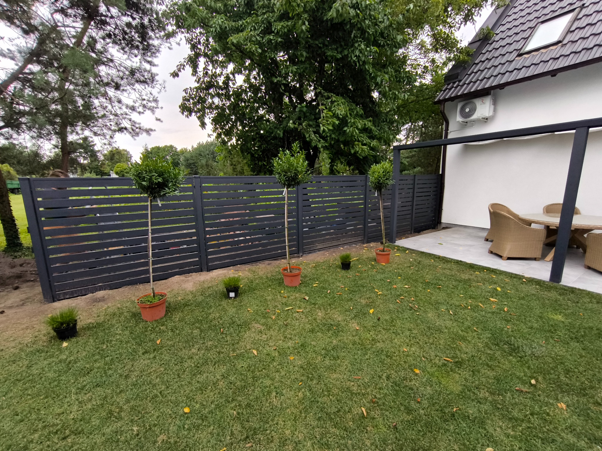 Nowoczesne ogrodzenie panelowe z poziomych desek w kolorze grafitowym. Na pierwszym planie trawnik z drzewkami w donicach. W tle dom z jasną elewacją i pergola.