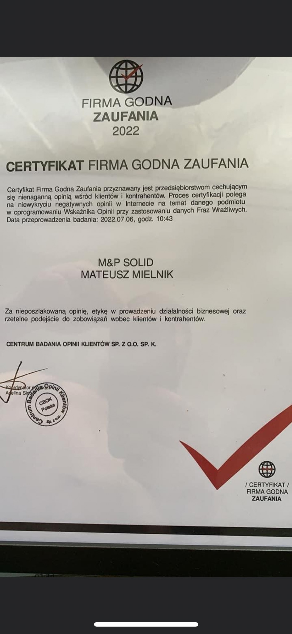 Certyfikat 'Firma Godna Zaufania 2022' dla M&P Solid Mateusz Mielnik, przyznany przez Centrum Badania Opinii Klientów, z datą badania 2022.07.06, godz. 10:43, z pieczęcią i symbolem potwierdzenia.