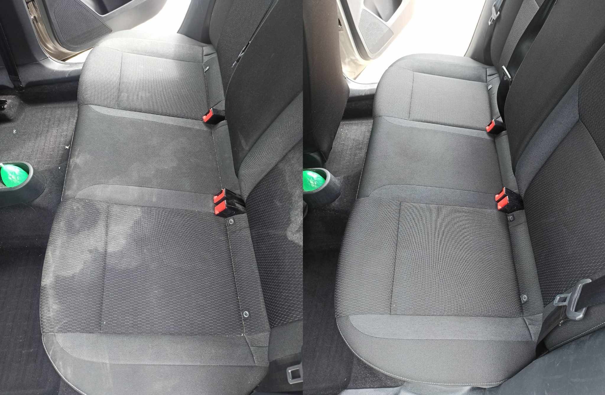 Porównanie tylnej kanapy samochodowej przed i po czyszczeniu, widoczne różnice w kolorze i plamach na tapicerce.