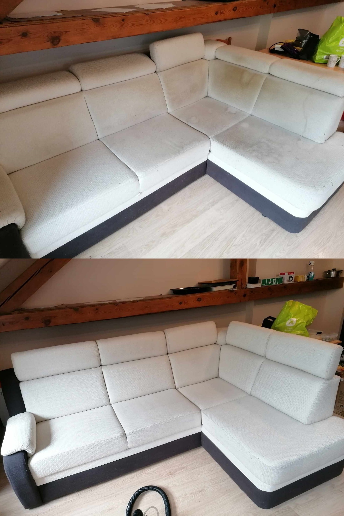 Dwuczęściowe zdjęcie narożnika przed i po czyszczeniu, ukazujące wyraźną różnicę w czystości tapicerki w warunkach domowych.