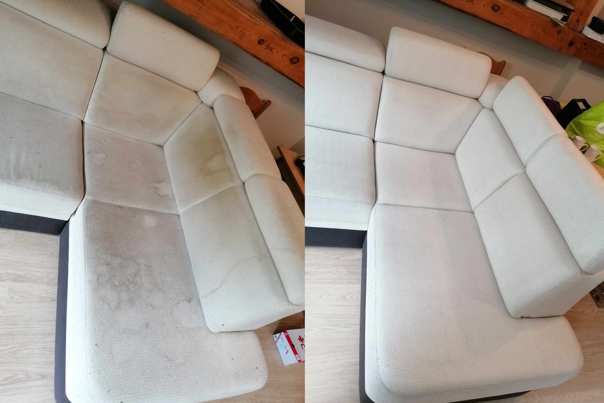 Porównanie stanu narożnika z jasną tapicerką przed i po czyszczeniu, widoczne plamy i zabrudzenia usunięte z fragmentu siedziska.