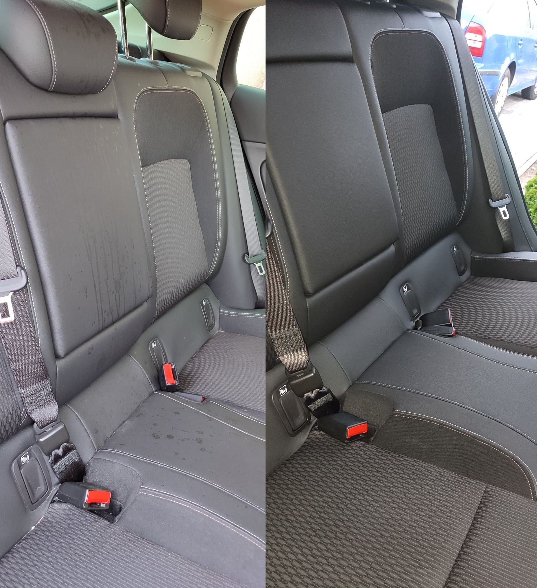 Dzielone ujęcie tylnej kanapy samochodowej: po lewej stronie widoczne plamy i ślady po czyszczeniu, po prawej stronie czysta, odświeżona tapicerka z widocznymi szwami i fakturą materiału.